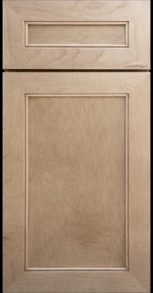 Alpine-style mitered shaker cabinet in Blondie Stain with a flat center panel & inside bead detail.